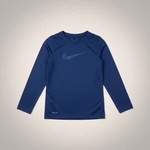 Nike Dri-FIT Boys Long Sleeve Shirt Navy Blue Dotted Swoosh Graphic Size Medium